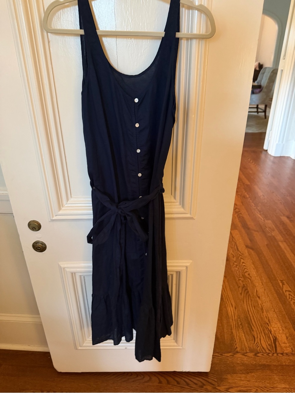 J. Crew Navy Sleeveless Button-Front Tie-Waist Midi Dress